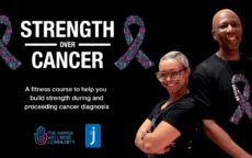 Strength Over Cancer: a weekly fitness course by the J and The Hamsa Wellness Community to help you build strength during and proceeding a cancer diagnosis. Image features the J's two cancer-certified trainers.