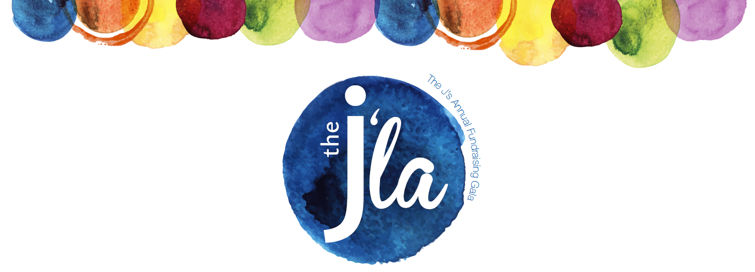 decorative watercolor circles line the top border. Below it, "the j'la -- The J's annual fundraising gala" is in a deep blue watercolor dot, making up the J'la logo.