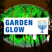 "Garden Glow" overlaid on a photo of the MOBOT Climatron lit green for Garden Glow