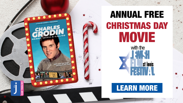 Annual FREE. Christmas Day Movie With the St. Louis Jewish Film Festival, featuring the film Charles Grodin: Rebel With a Cause! The image shows the movie poster graphic and a background with red ornaments, a candy cane, and a film reel. CLICK IMAGE TO LEARN MORE.