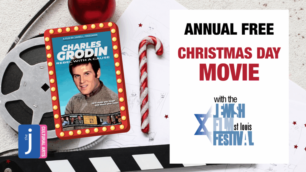 Annual FREE. Christmas Day Movie With the St. Louis Jewish Film Festival, featuring the film Rebel With a Cause! The image shows the movie poster graphic and a background with red ornaments, a candy cane, and a film reel.