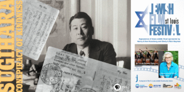 Movie poster for Sugihara: Conspiracy of Kindness. A photo of St. Louis Osuwa Taiko Japanese drummers, and Diane estelle Vicari, filmmaker.