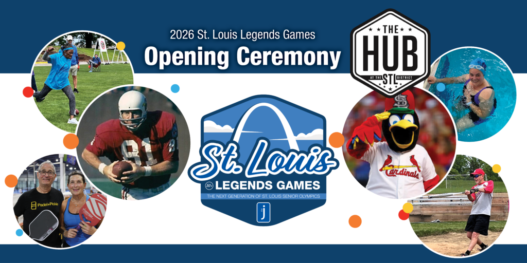 2026 St. Louis Legends Games Opening Ceremony at The Hub STL. Photo collage of Fredbird of the St. Louis Cardinals, a professional football player, and 4 action-shots from former Senior Olympics events, including racquetball, softball, swimming, and throwing.