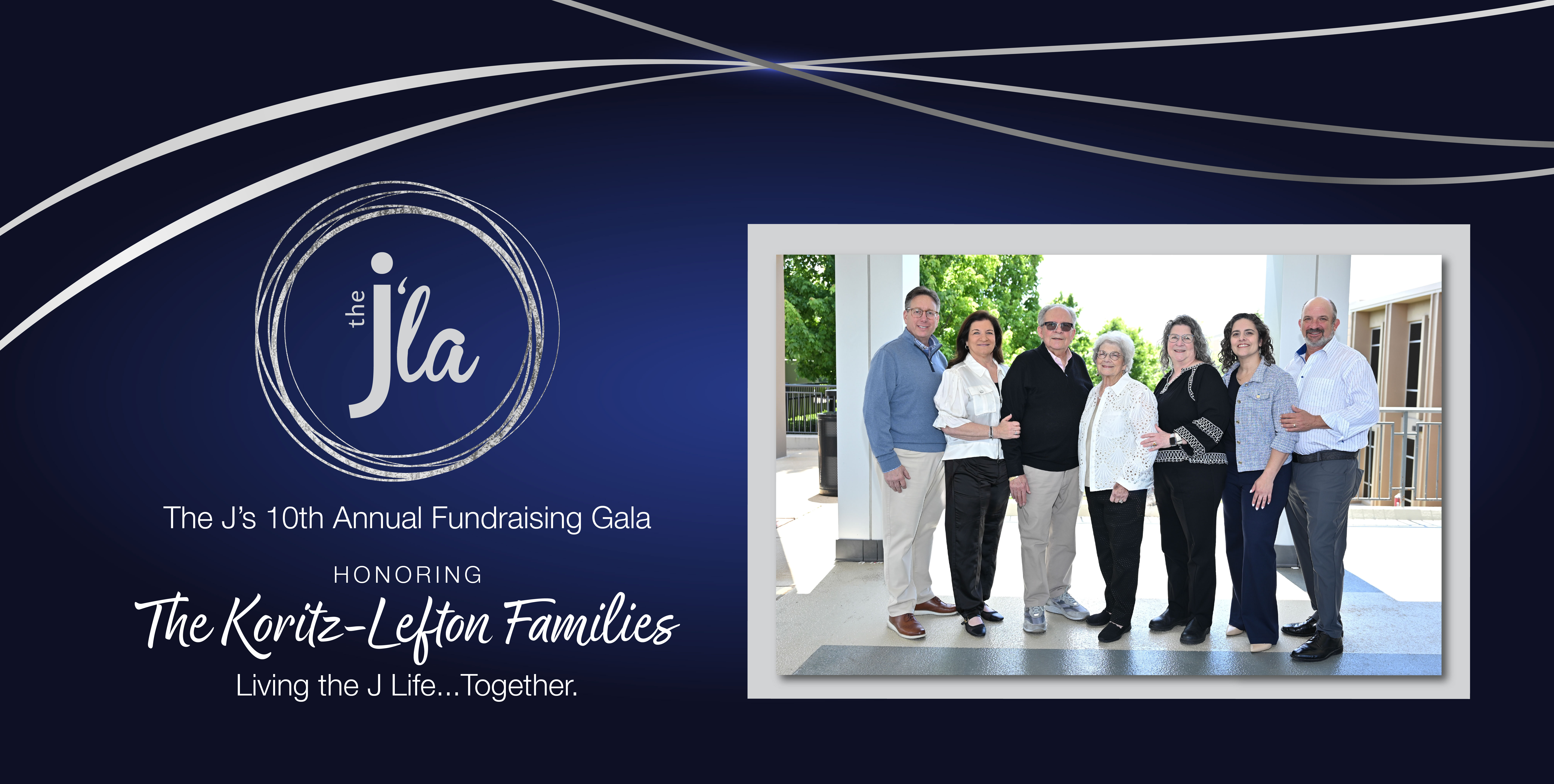 J'la 2026, Honoring the Lefton-Koritz Families. Elegant silver ribbons and the silver J'la logo accompany a photo of the families.